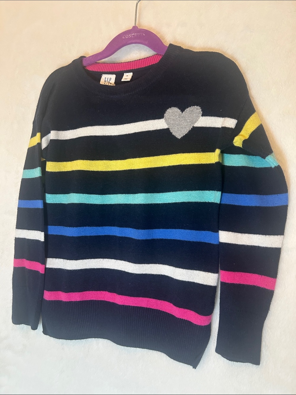 GapKid’s Striped Heart Crewneck Sweater - Navy with Multi Color Stripes